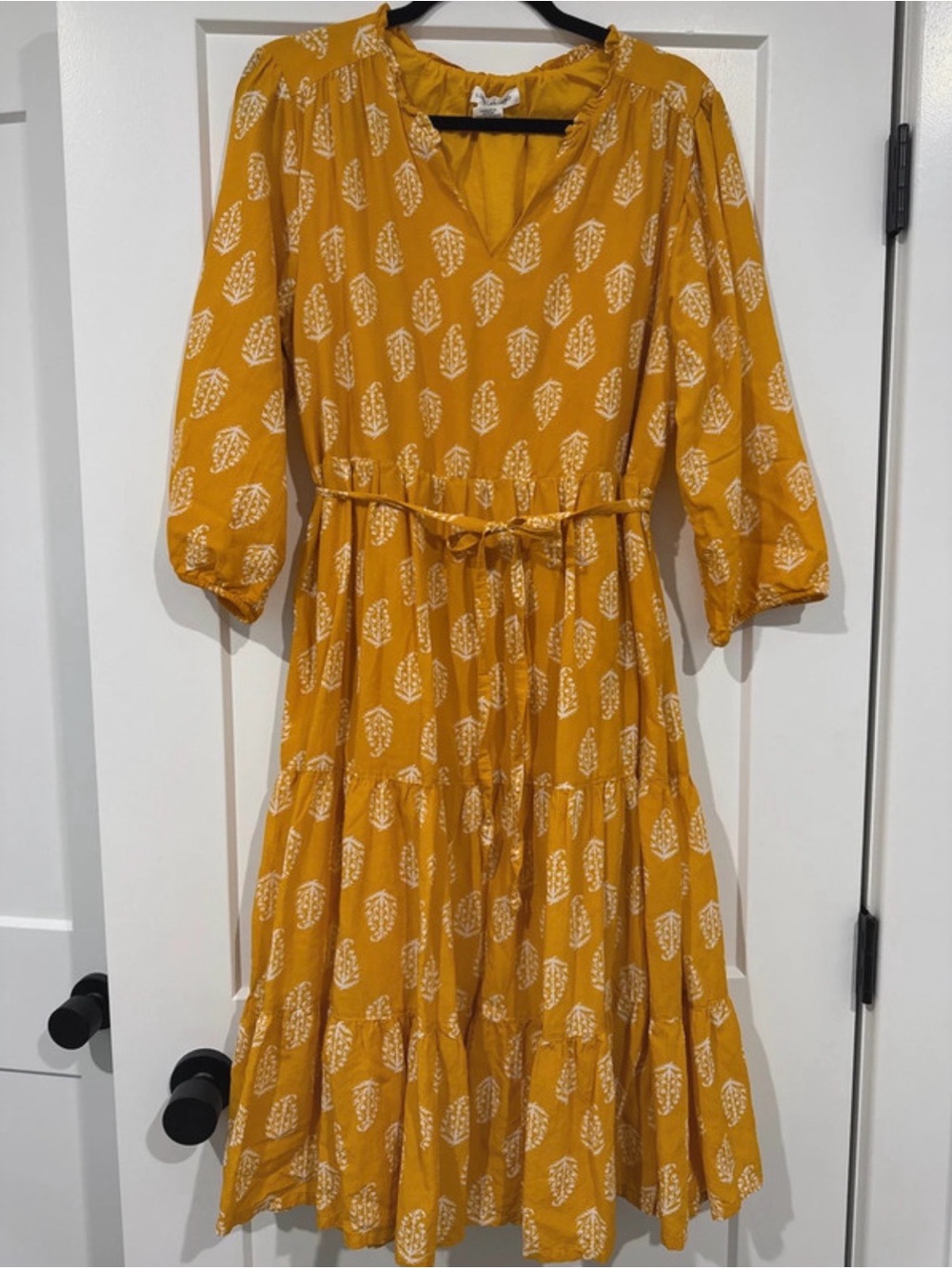 Lucky Brand Mustard Yellow Printed Tiered Midi Dress